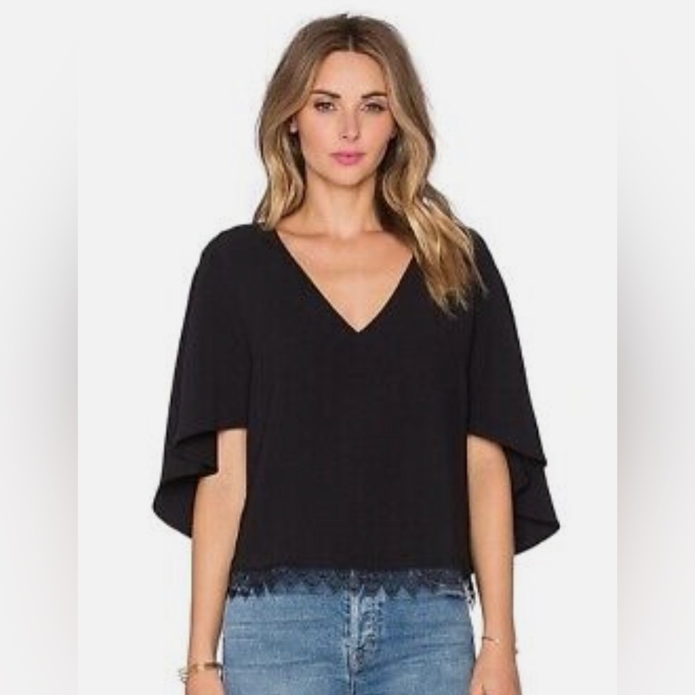 Lovers + Friends Black Memory Lane Lace Trim Capelet Blouse Top Size Small